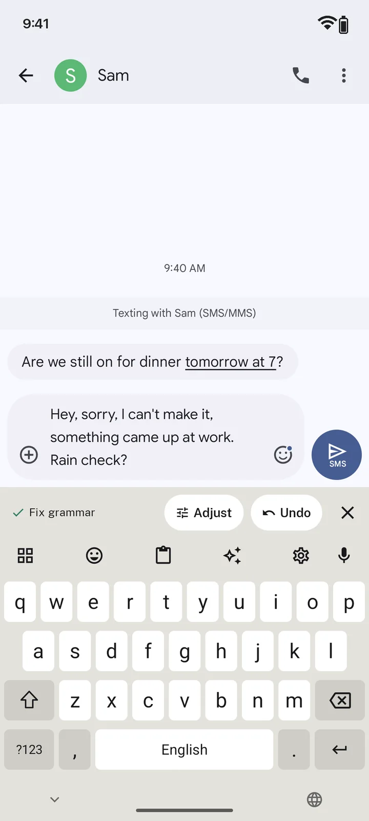 The same reply fixed right in the text box, with Adjust and Undo