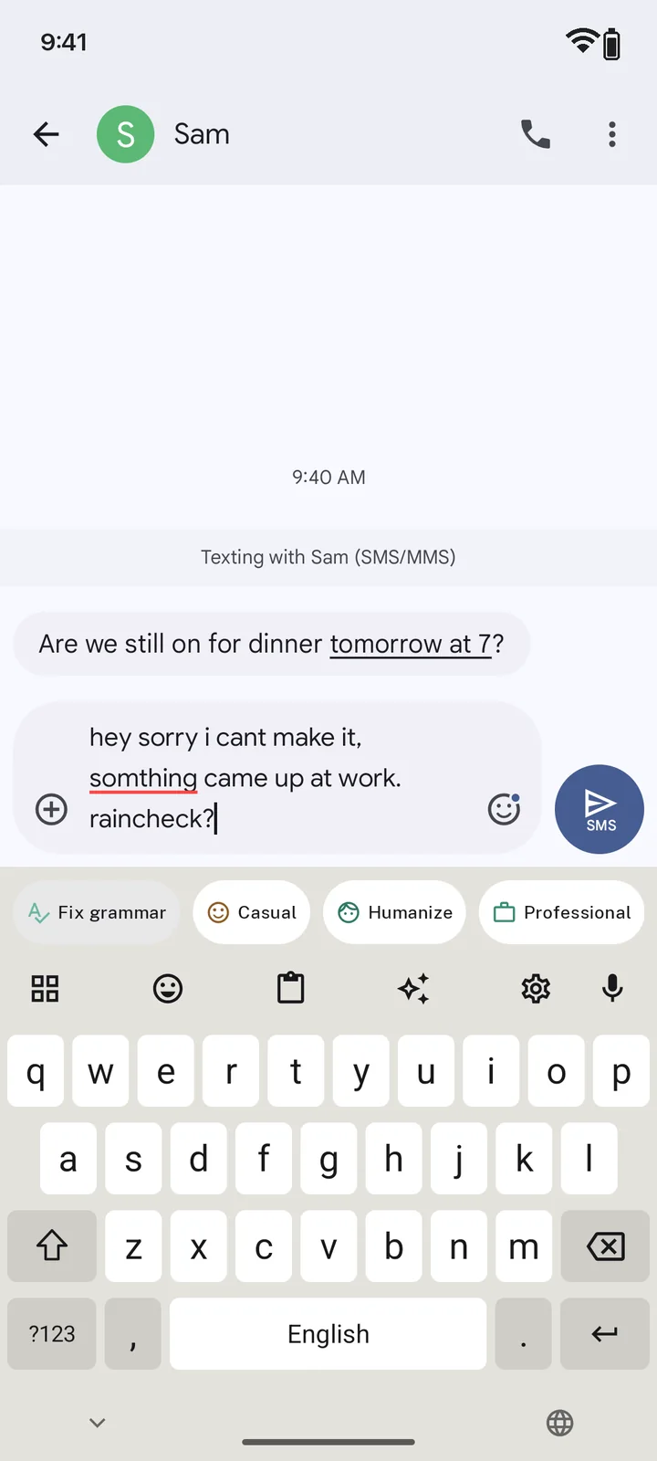 A rough reply typed in a chat, with Preener’s buttons above the keyboard