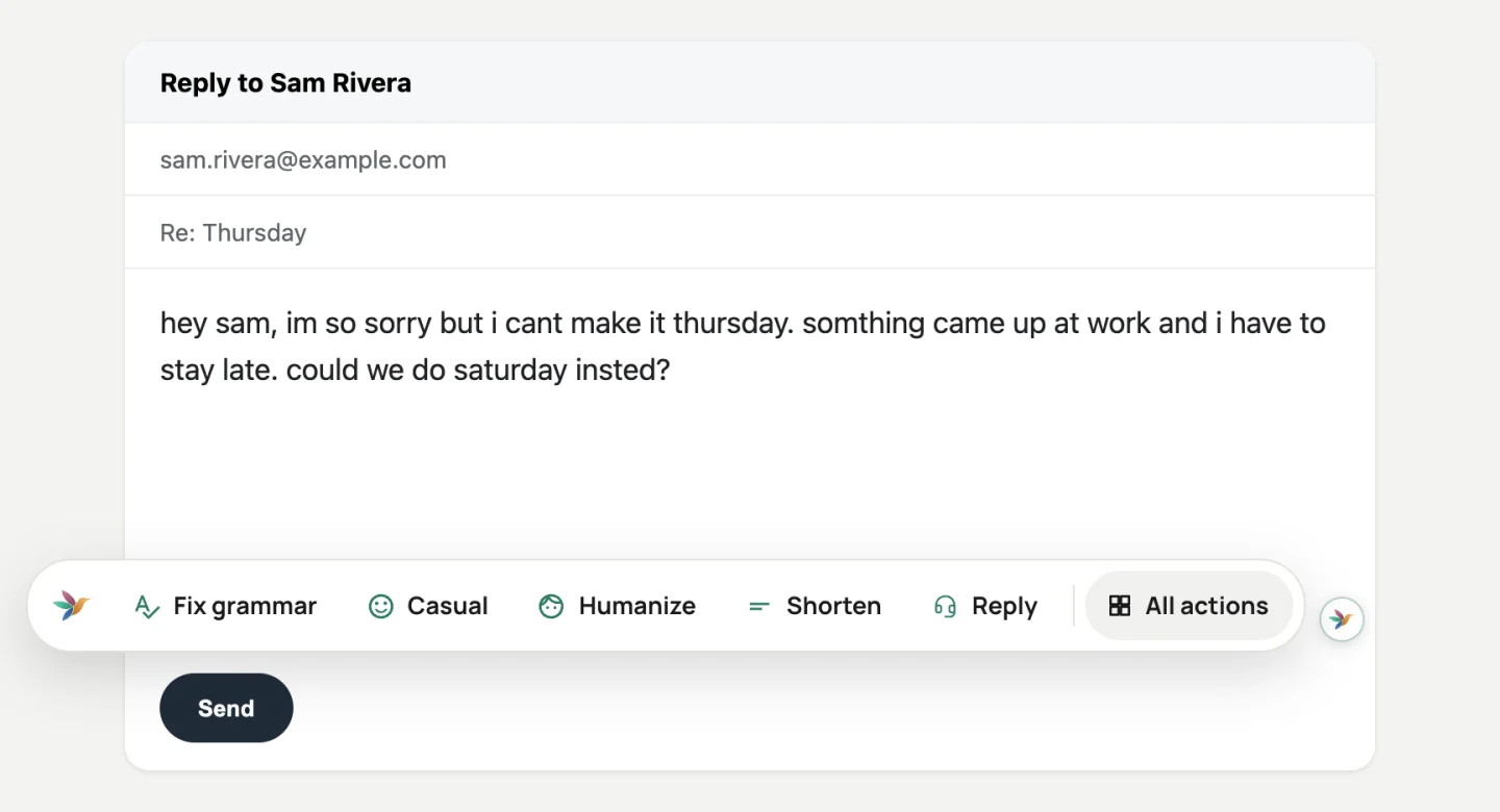 A rough email reply with Preener’s bar open: Fix grammar, Casual, Humanize, Shorten, Reply