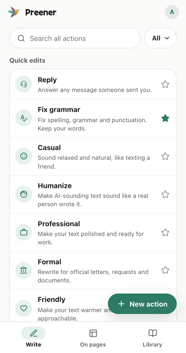 Preener’s Chrome side panel listing actions like Reply, Fix grammar and Humanize