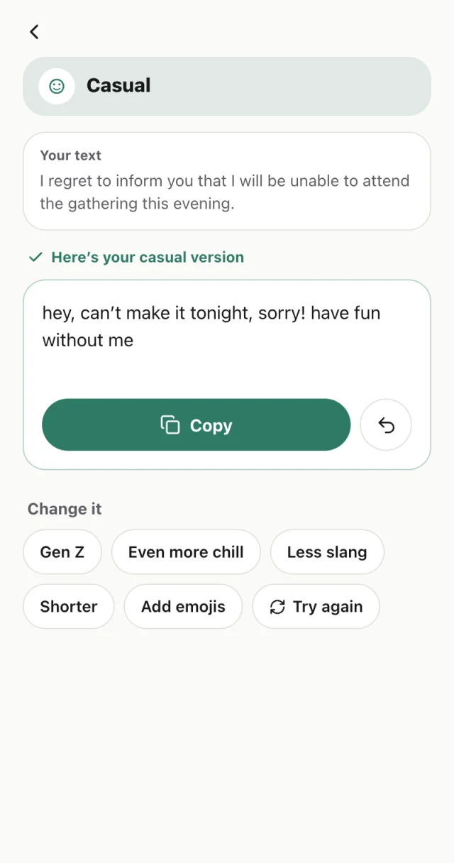 A Casual rewrite in the side panel, with Copy and ways to change it