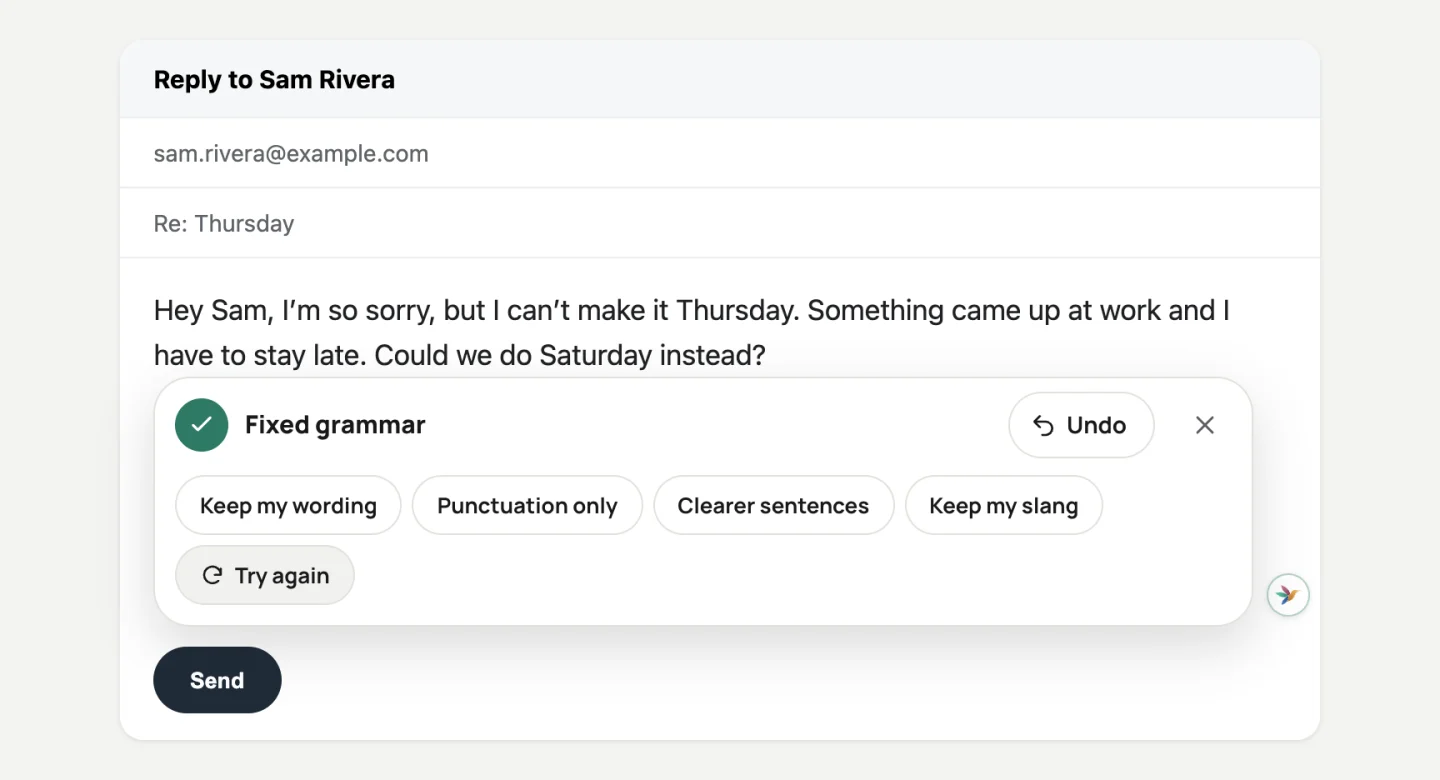 The same reply fixed in the email box, with Undo and ways to adjust it