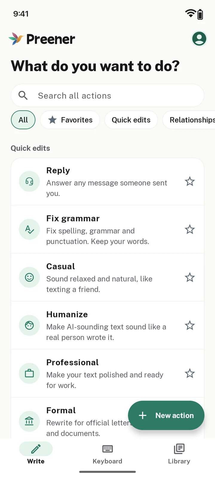 Preener’s home screen listing actions by category