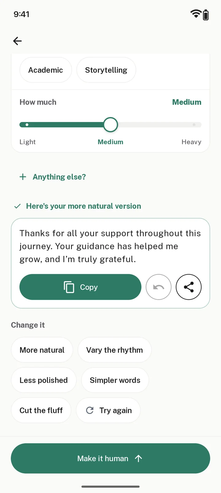 The same text rewritten to sound like a real person