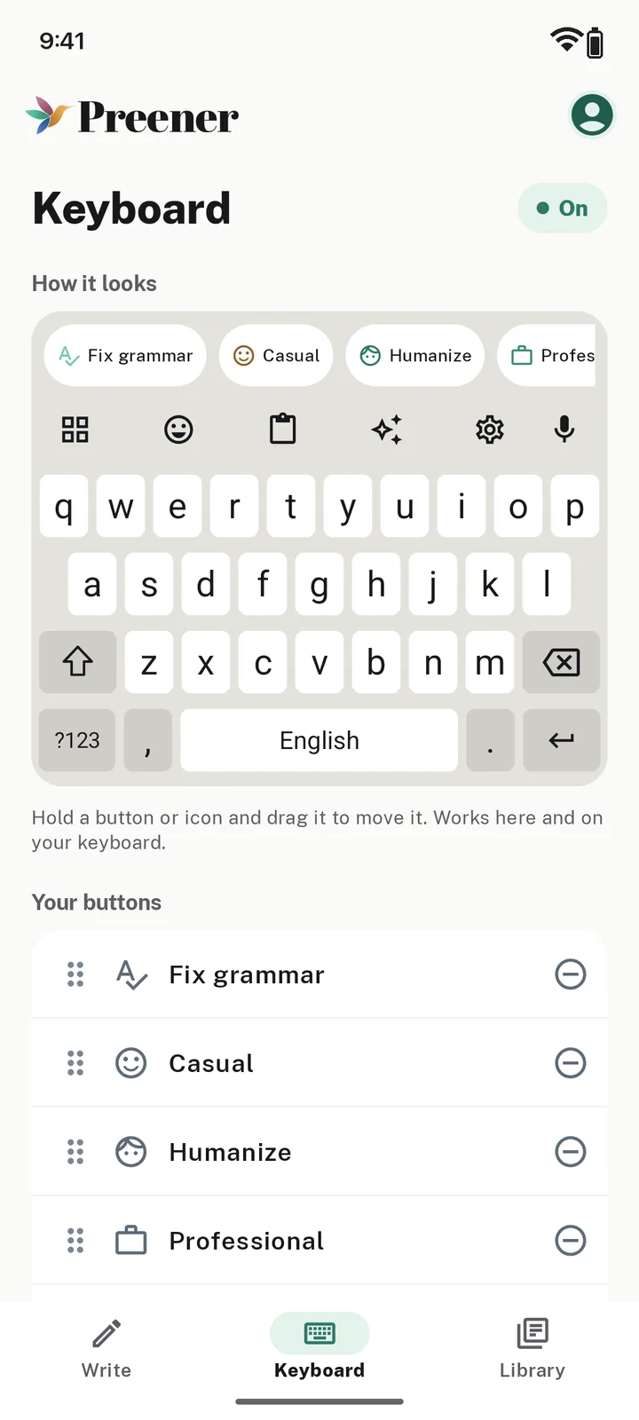 The Keyboard tab where you reorder your AI buttons
