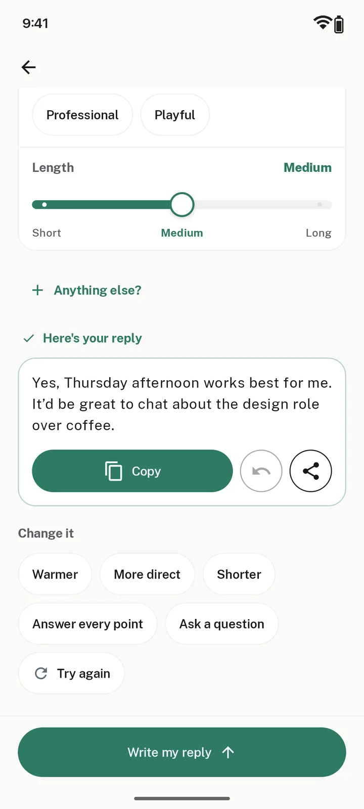 A finished reply with Copy and ways to change it