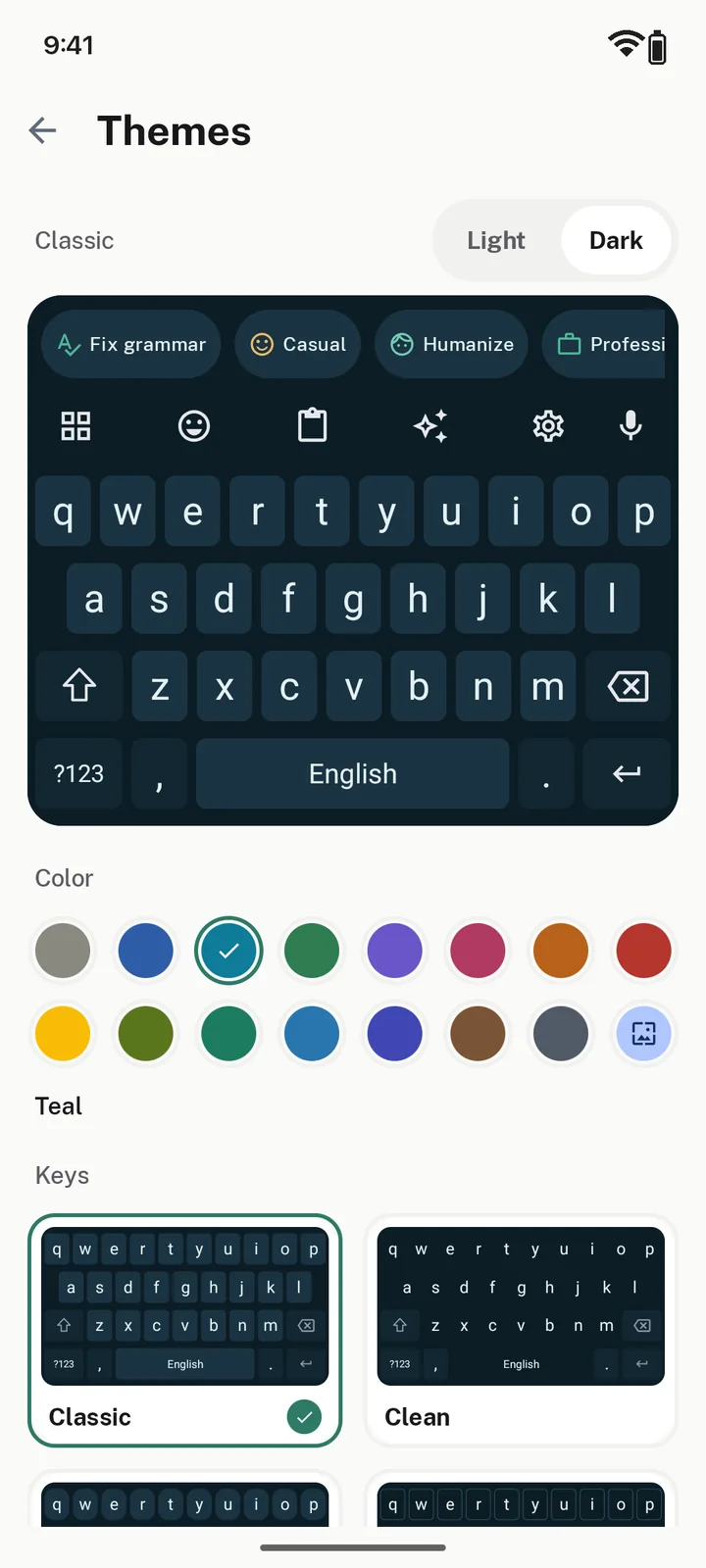 Keyboard themes with a dark teal keyboard selected