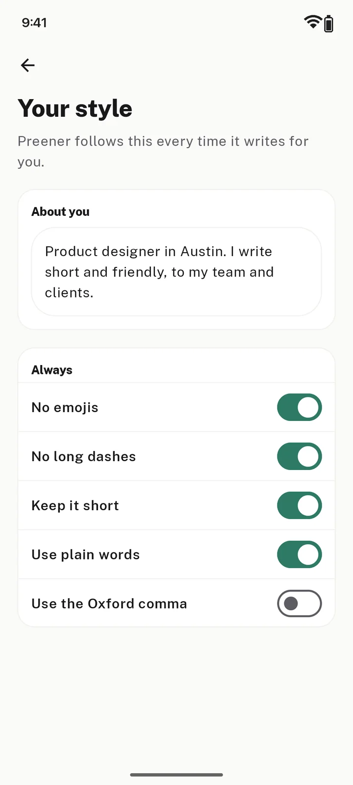 Your style settings: no emojis, no long dashes, keep it short